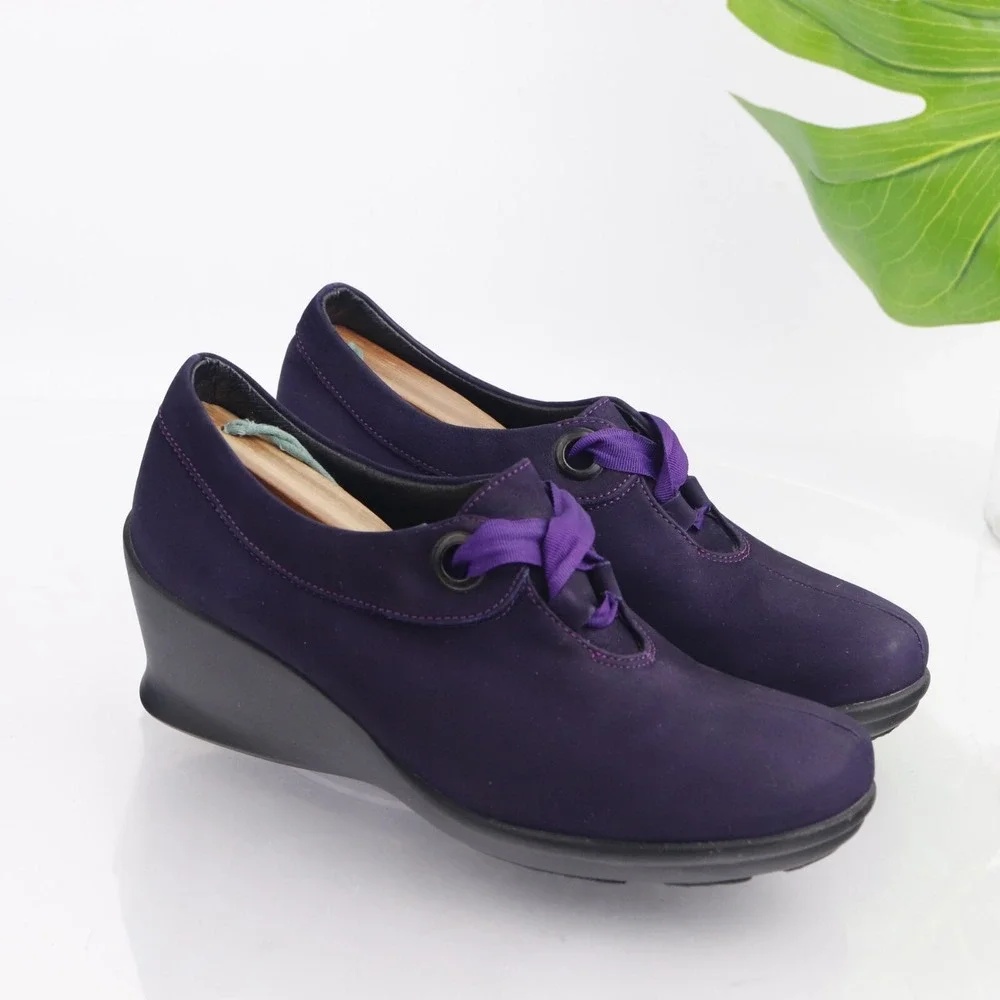 Wolky Womens Faith Oxford Pump Size 39 8 Purple Leather Wedge Lace Up Shoe Boho